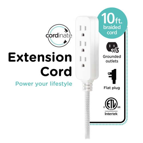 Cordinate 10ft. 3-Outlet Extension Cord, White/Gray – 39624