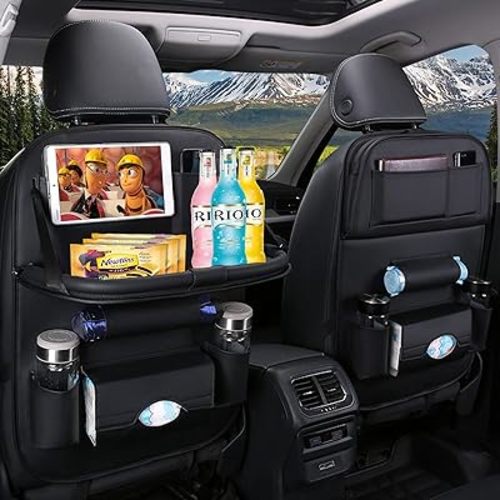ASENDIWAY Car Back Seat Organizer with Foldable Table Tray, PU Leather Backseat Car Organizer with Tablet Holder for Kids Toddlers Travel, Car Seat Back Protector Storage Kick Mats Travel Accessories