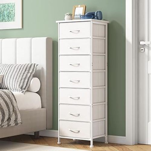 Fixwal Tall Narrow White Dresser for Bedroom, Storage Dresser Organizer with 7 Fabric Drawers, Nightstand Furniture in Closet, Entryway, Hallway