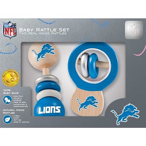 MasterPieces NFL Detroit Lions Natural Wood, Non-Toxic, BPA, Phthalates, & Formaldehyde Free, Baby Rattle Set, 2 Pieces