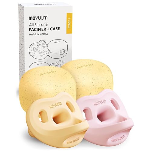 Moyuum Silicone Macaron Pacifier | Made in Korea, BPA Free One-Piece Design Baby Soother, Soft Orthodontic Shape with Air Holes, 2 Pack with Travel Case, Newborn 0-3 Months (Mango+Pink, Stage 1)