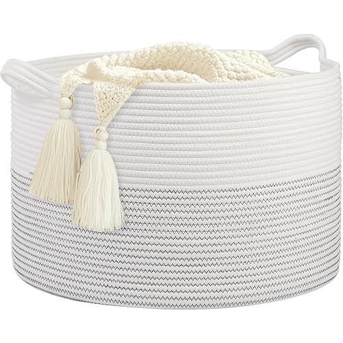 HOBASKET Large Girl Laundry Basket,20''x13''Woven Cotton Rope Laundry Hamper,Baby Blanket Basket for Living Room;Toy storage;Woven basket;Nursery Hamper,Storage Bin,Home Room Decor (White)