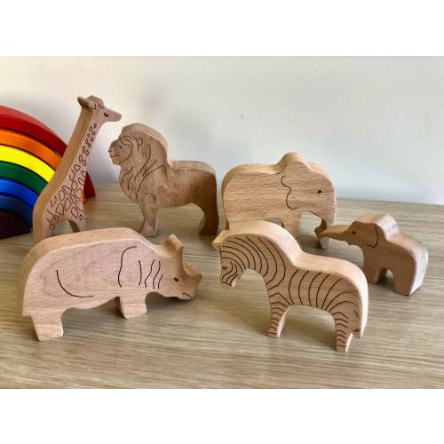 Wooden Toys Safari, Handmade Wooden Animals for Toddler, Eco Friendly Toys for Kids, 6 Pieces  Set Lion, Giraffe, Rhino, 2 Elephants, Zebra