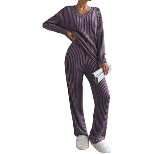 Famulily Women’s 2 Piece Outfits Lounge Sets Rib Knit Matching Pajama Set Long Sleeve V Neck Tops Wide Leg Pants with Pockets