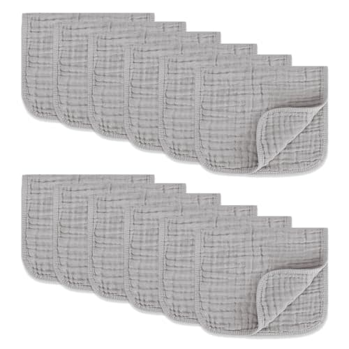 MIGIOL Muslin Burp Cloths 100% Cotton Pack of 12. Soft, Gentle & Absorbent Baby Burp Cloths for Baby Girl & Boys.(Gray 12 Pieces)