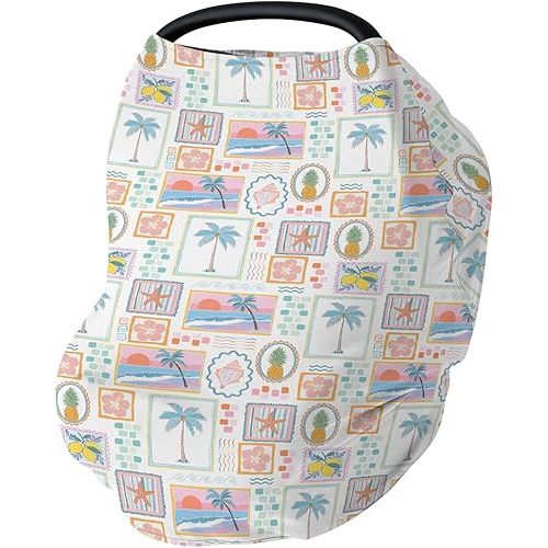 Colorful Beach Patchwork Baby Car Seat Covers Bright Summer Seashells Girly Stretchy 5-in-1 Cover Adjustable Car Canopy Breastfeeding Cover Pineapple Lemon Palm Tree Breathable Nursing Cover-Up