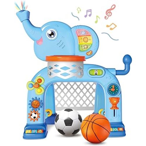 Shemira Toddler Basketball Hoop & Soccer Goal Activity Center Toys with Light & Music,Elephant Toddlers Musical Toys Gift, Baby & Toddlers Christmas Birthday Gift for 1 2 3 Year Old Boys & Girls