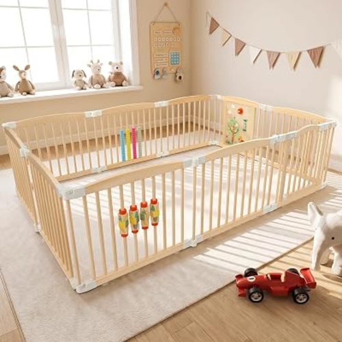 Ezebaby Wooden Baby Playpen, 60"×89"×25" 10-Panel Foldable Wood Play Yard with 3 Montessori Toys for Toddlers, Adjustable Shape Large Baby Fence with Safety Lock, CPC Certified Natural Pine Wood