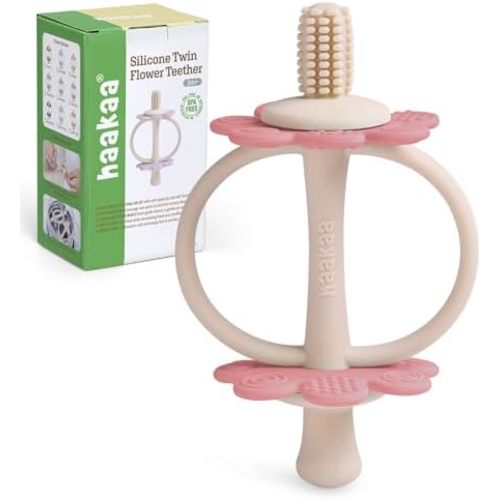 Haakaa Silicone Twin Flower Teether for 3M+ Babies, Easy to Grip, Rosehip