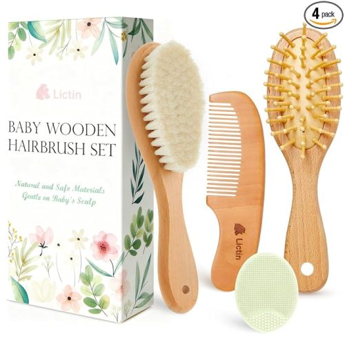 Lictin Baby Brush and Comb Set 4 Pcs, Wooden Hair Brush with Goat Bristle | Baby Cradle Cap & Comb for Newborns & Toddlers, Baby Boy Girl Essentials, Perfect Baby Grooming Kit, Soft, Natural