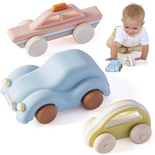 Moonkie Food Grade Silicone Toy Cars for Babies & Toddlers, Push and Go Baby Car Toys 6–12 Months, Baby Teething Toys 4–6 Months, One-Piece Design Infant Toys, Birthday Gifts for Boys & Girls, 3 Pack