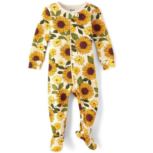 The Children's Place Baby Girls Long Sleeve Sunflower Print Snug Fit Cotton Footed One Piece Pajamas White 9-12 M
