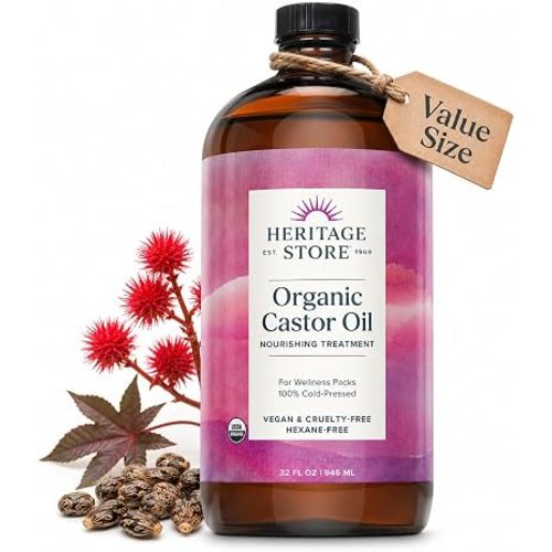 HERITAGE STORE Organic Castor Oil - 32oz Glass Bottle - Nourishing Treatment for Hair and Skin Care - Eyelash Serum for Eyelashes and Brows - Cold Pressed, Hexane Free, Vegan - 32oz