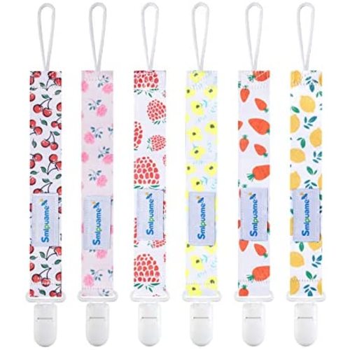 Smlpuame Pacifier Clip Girl,6 Pack Stylish Binky Clips Strap for Baby Girls,Paci Holder with Clip Lightweight Universal Fits Most Pacifiers Teether Toy Teething Ring Soothie,Baby Gift(Flower & Fruit)