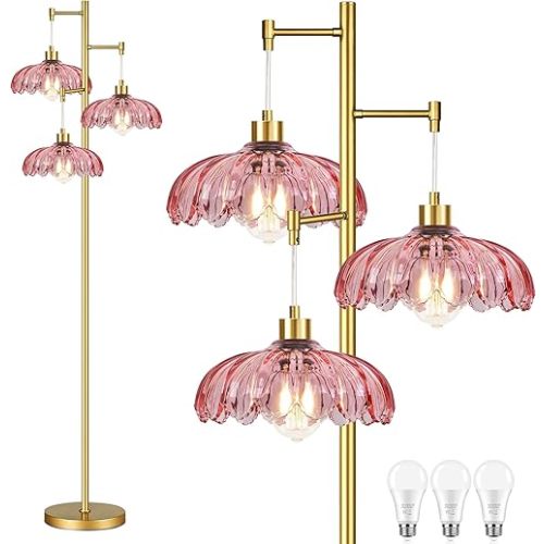 QIYIZM Pink Floor Lamp for Living Room,Bedroom,Gold Mid Century Modern Standing Lamp Brass Tree 3 Light Tall Floor Lamps Vintage Retro Floor Lights Glass Flower Lamp Shade Farmhouse Boho Bohemian
