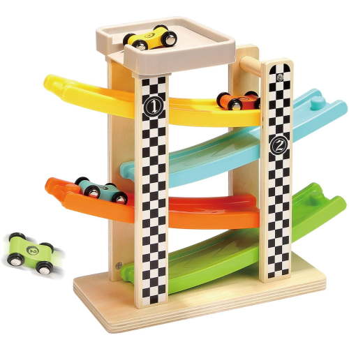 Top Bright Toddler Car Ramp Racer Set, Wooden Race Track with 4 Mini Cars, Bright Colors, Suitable for 1+ Years