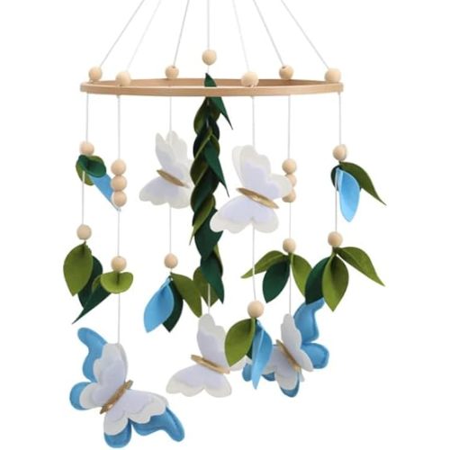 Butterfly Mobile for Crib - A Beautiful Blue Butterfly Handmade Crib Mobile with Green Leaves, White and Gold Detail