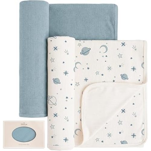 Konssy Knit Baby Blanket 2 Pack, Soft Ribbed Swaddle Receiving Blankets for Boys & Girls, Lightweight Cozy Swaddling Wrap for Newborns, Infants, & Toddlers, 33x42 Inch (Star,Blue)