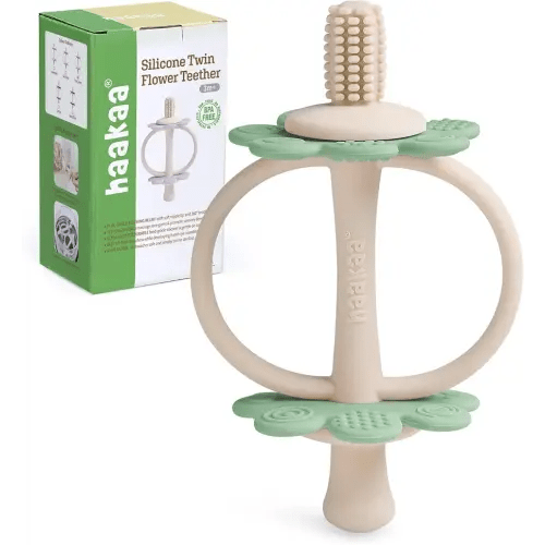 haakaa Silicone Baby Teething Toys,Nipple-Shaped End for Gum Massage,360° Baby Toothbrush Head for Self-Brushing Training,Easy to Grip-Pea Green