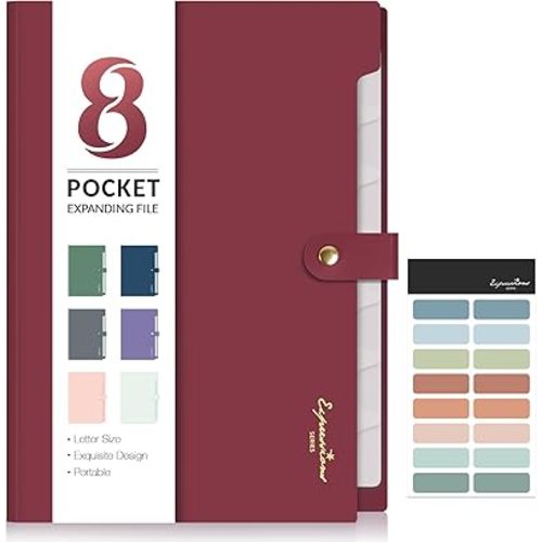 Sooez Elegant Accordion File Organizer with Labels, 8 Pocket Expanding File Folder, Portable Folders for Documents, Cute Paper Organizer for School Office Supplies, Letter Size, Burgundy