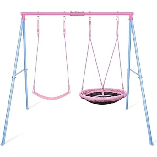 Swing Set, 440lbs, Heavy-Duty A-Frame Metal Outdoor Swing Stand, 1 Saucer & 1 Belt Swing seat for Playground, Backyard Pink