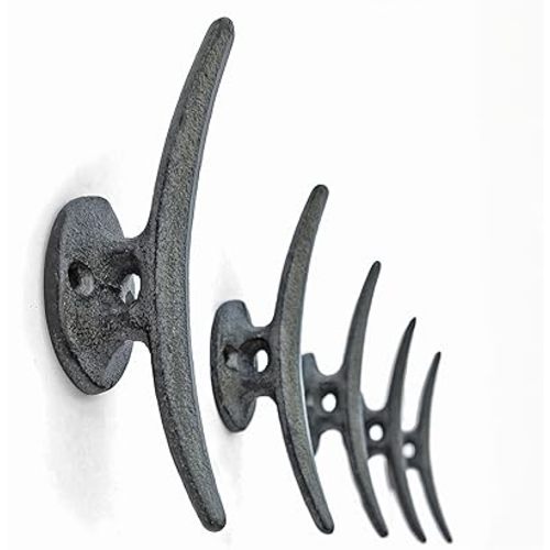 Ambipolar 5 Pack Decorative Cast Iron Heavy Duty Double Hooks, Wall Mounted Coat Hooks, Vintage Inspired (Antique Black) (Mooring Type)