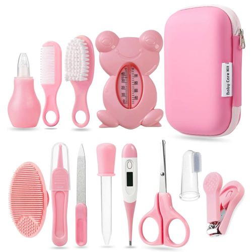 PandaEar Baby Healthcare and Grooming Kit, Baby Safety Set Baby Comb, Brush, Finger Toothbrush, Nail Clippers, Scissors, Nasal Aspirator, Baby Essentials Nursery Care Kit (13-in-1 Pink)