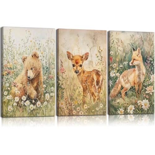 3Pcs Woodland Animal Nursery Canvas Wall Art Forest Animal Nursery Poster Prints Cute Wild Animals Painting Bear Deer Fox Artwork Picture Wall Decor for Boys Girls Room Playroom 12x16in Framed