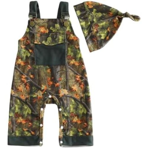 Newborn Baby Boy Clothes Hunting Outfit Jungle Maple Leaves Pocket Suspender Pants Bib Overalls Romper Hat Set