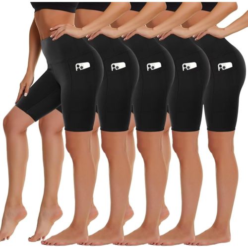 5 Pack Biker Shorts with Pockets for Women - 5"/8" High Waist Spandex Workout Yoga Running Athletic