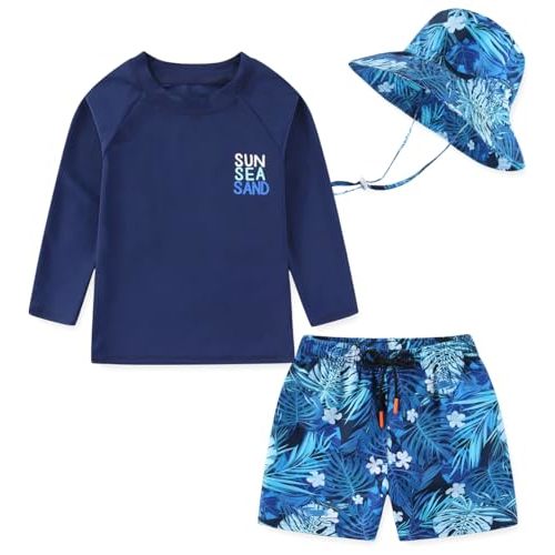 Baby Boys Toddler Long Sleeve Rashguard Set Swimsuit Bathing Suit with Sun Hat