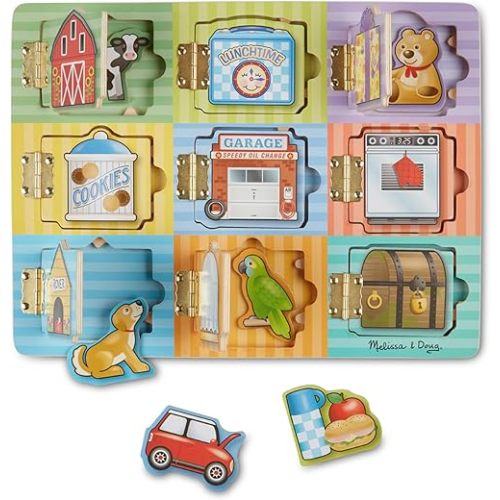 Melissa & Doug Wooden Hide & Seek Activity Board – Montessori Busy Board with Hinges, Doors & 9 Wooden Magnetic Puzzles, Educational Preschool Learning Toy for Toddlers & Kids Ages 3+