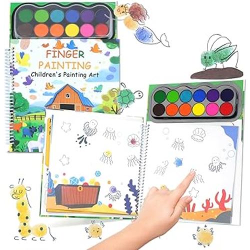 Finger Paint Coloring Book for Kids, Hardcover Travel Finger Paint Kit Include 12 Colors Ink Pad Finger Painting Activity Book, Portable Sensory Activity Develops Creativity, Travel Busy Book for Kids