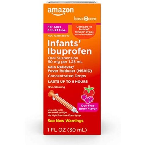 Amazon Basic Care Infants’ Concentrated Drops, Ibuprofen Oral Suspension, 50 mg per 1.25 mL, Pain Reliever and Fever Reducer, Dye-Free, 1 Fluid Ounce