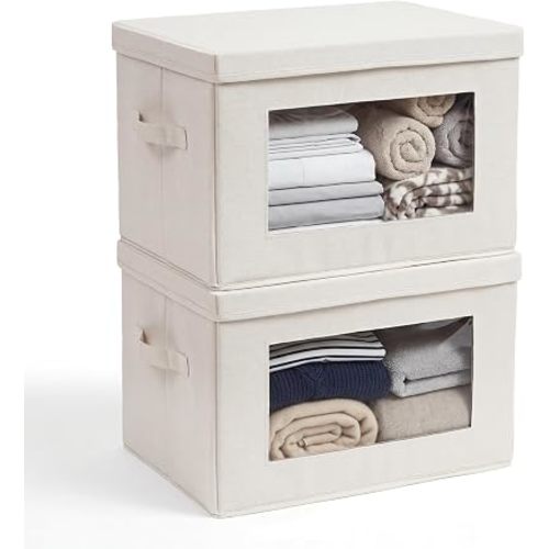 2-Pack Large Storage Bins with Lids & Clear Window, Foldable Fabric Closet Organizer Boxes, Stackable Cube Baskets with Soft Handles for Clothes & Blankets, 17”, Beige