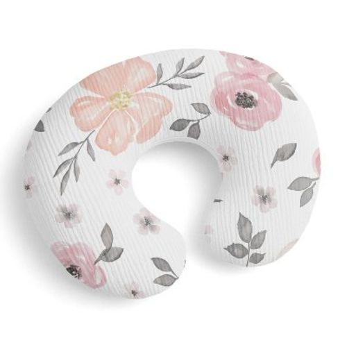Sweet Jojo Designs Baby Girl Muslin 100% Cotton Nursing Pillow Cover Watercolor Floral Pink and Grey