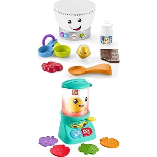 Bundle of Fisher-Price Laugh & Learn Baby Magic Color Mixing Bowl with Pretend Food Music & Lights + Counting & Colors Smoothie Maker Pretend Blender with Music & Lights for Ages 9+ Months