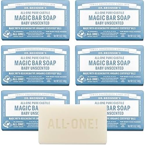 Dr. Bronner's Pure-Castile Magic Bar Soap (Baby Unscented, 5 oz, 6-Pack) - Made with Regenerative Organic Certified Oils, For Face, Body & Hair, Gentle for Sensitive Skin - Vegan, Non-GMO