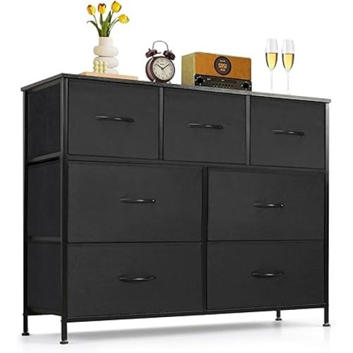7-Drawer Dresser for Bedroom, Anti-Tip Wide Storage Organizer Fabric Chest of Drawers TV Stand for 45" TV with Wooden Top and Metal Frame for Closet, Living Room, Hallway, Entryway, Black