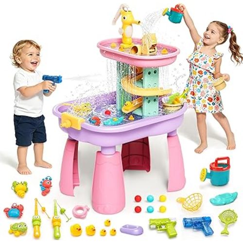 Toddler Water Table for Kids - Sand and Water Table with 28PCS Toy Accessories & Rain Shower Sprinkler, Outdoor Sensory Water Play Table, STEM Toy Summer Gift for Boys Girls Ages 3-8