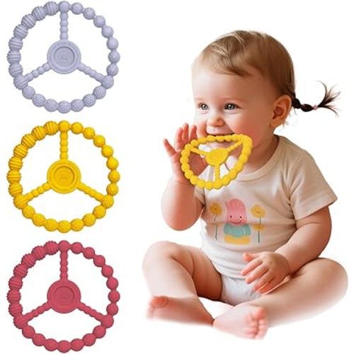 Baby Ring Teethers, 3 Pack Silicone Teething Toys for Babies 0-6 & 6-12 Months, Freezable Chew Rings Boys & Girls Relief Essentials, Infant Toddler Stocking Stuffers (Lavender Yellow Red)