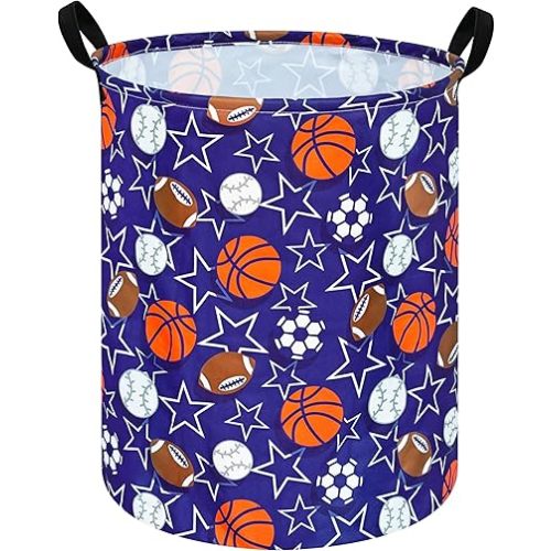 Kids Laundry Hamper Storage Basket Laundry Organizer Hamper Storage Bins Clothes Box Nursery Hamper Gift Basket with Handles (Star basketball)