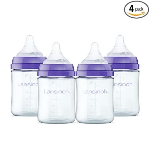 Lansinoh Anti-Colic Glass Baby Bottles, 5 Ounces, 4 Count, Includes 4 Extra Slow Flow Nipples (Size XS, Newborn), Baby Essentials