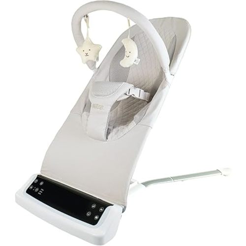 Nuby Deluxe Baby Bouncer Seat - Portable Infant Bouncer with Music, Fun Sounds, and Soothing Vibrations - Digital Display - 0-6 Months - Beige