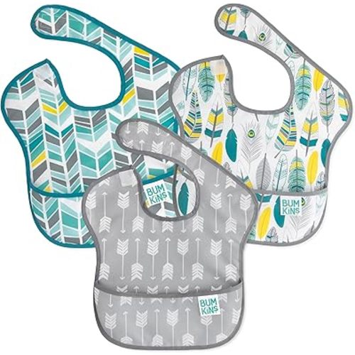 Bumkins Bibs for Girl or Boy, SuperBib Baby and Toddler for 6-24 Months, Essential Must Have for Eating, Feeding, Baby Led Weaning Supplies, Mess Saving Catch Food, 3-pk Feathers, Arrows and Quill