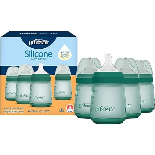 Dr. Brown's Silicone Baby Bottle with Collapsible Insert Designed to Reduce Colic, 5 oz with Wide-Neck Level 1 Slow Flow Nipple, BPA-Free, 0m+, Green, 4-Pack