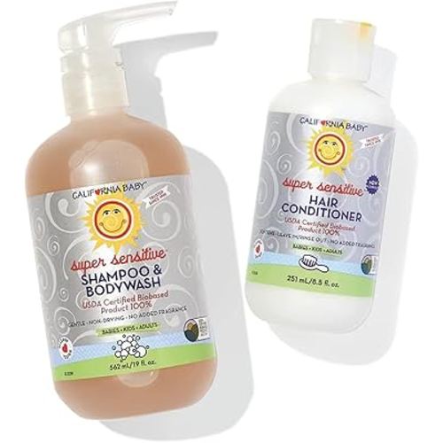 California Baby Super Sensitive Baby Shampoo and Conditioner Set | 100% Plant-Based Baby Bath Set | 19oz Unscented Body Wash + 8.5oz Conditioner |