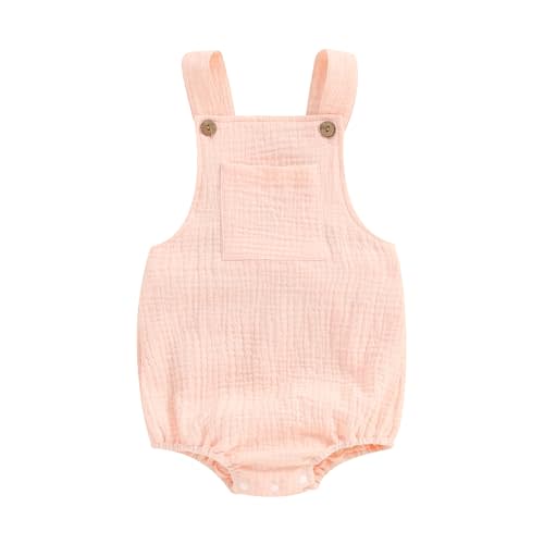 Sasaerucure Baby Cotton Linen Overalls Solid Color Sleeveless Square Neck Backless Romper for Boys Girls