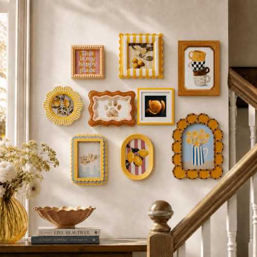 Yellow Picture Frame Set, Scalloped Beaded Photo Frames, 4x4 4x6 5x7 Tabletop or Wall Decor