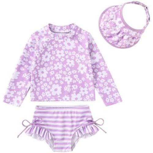 YOUNGER TREE Toddler Baby Girls Swimsuit Long Sleeve Bathing Suit Rash Guard Swim Suit Bikini Set UPF 50+